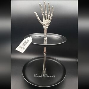 HALLOWEEN Metal Skeleton Hand 2 Tier Footed Serving Stand Appetizer Dessert Tray